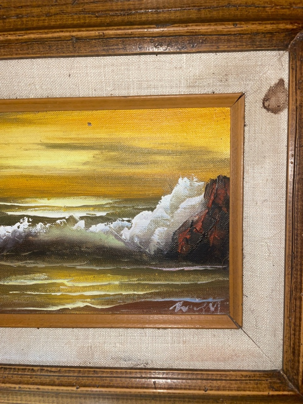 Framed Coastal Sunset Oil Painting in Gold and Yellow